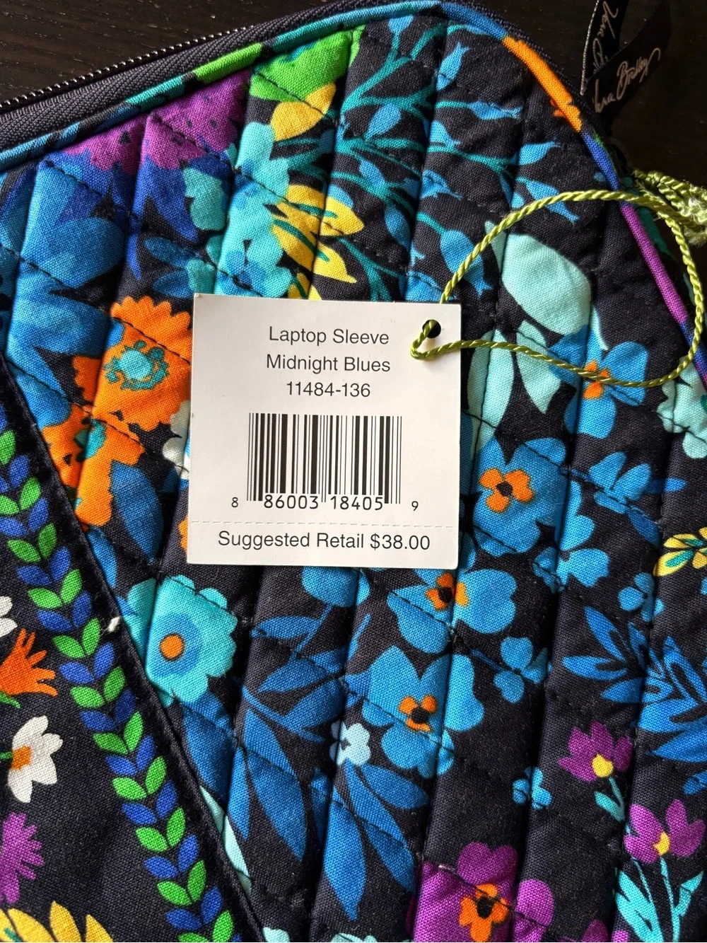 Vera Bradley Black Quilted Laptop Sleeve with Blue Floral Print